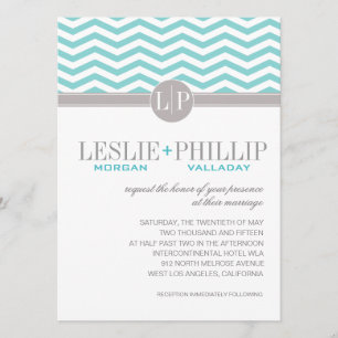 Invitation Chic Chevron Monogramme  Mariage turquoise