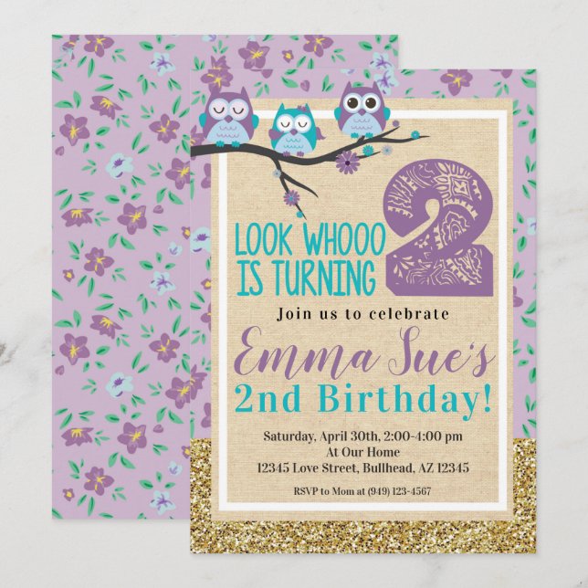 Invitation Chic Chic Purple Owl 2e anniversaire (Devant / Derrière)
