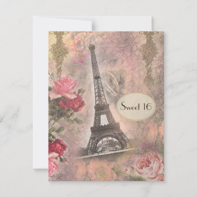 Invitation Chic Chic Tour Eiffel & Rose Sweet 16 (Devant)