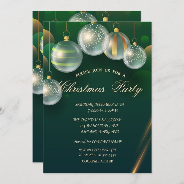 Invitation Chic Christmas Balls Green Christmas Party (Devant / Derrière)