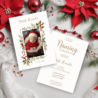 Invitation Chic Christmas Botanical Border Naming Ceremony