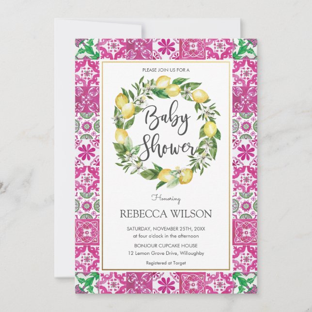 Invitation Chic Citron méditerranéen Baby shower Rose Girl (Devant)