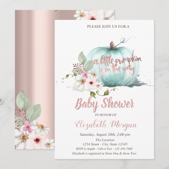 Invitation Chic Citrouille, Fleurs Rose Gold Baby Shower (Devant / Derrière)