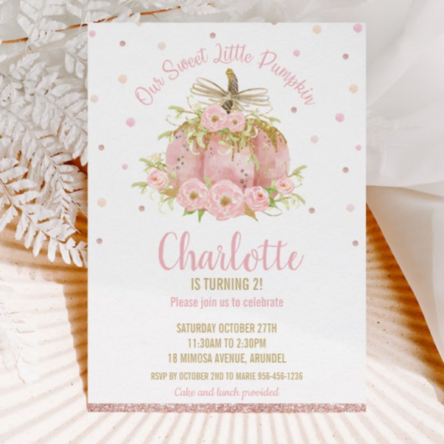 Invitation Chic Citrouille rose 1er anniversaire Floral Girl (whimsical sweet pink pumpkin rose gold blush floral flowers birthday party invitation cards digital)