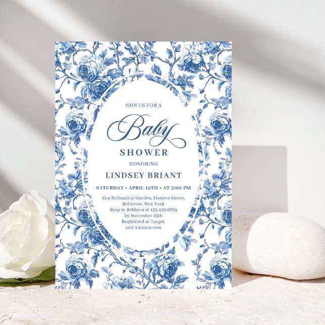 Invitation Chic Classic Blue Toile de Jouy Floral Baby Shower (Classic Blue Toile de Jouy Floral Baby Shower Invite)
