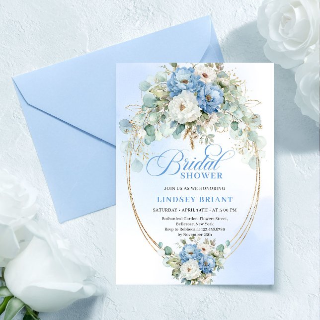 Invitation Chic Classique Pastel Bleu Floral Or Mariage Douch (Classic Pastel Blue Floral Gold Bridal Shower Invitation)