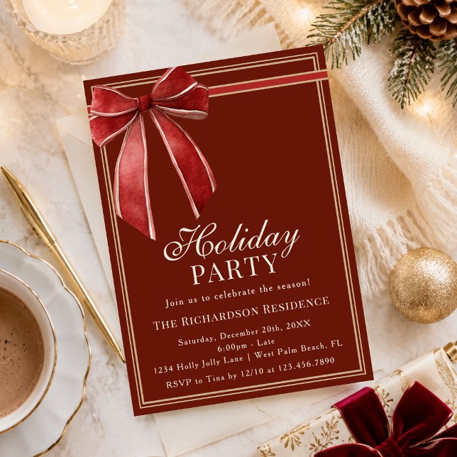 Invitation Chic Classique Rouge Or Coquette Nœud Fête de Fête (Créateur téléchargé)