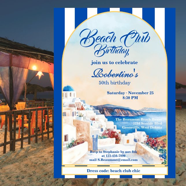 Invitation Chic Coastal Stripe Grèce Beach Club 50e Anniversa (Créateur téléchargé)