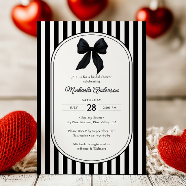 Invitation Chic Coccinelle Noire Nœud Papillon Rayé Lancement (Créateur téléchargé)
