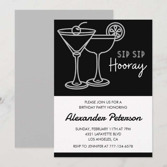 Invitation chic cocktail 22e anniversaire Noir Bla (Devant / Derrière)