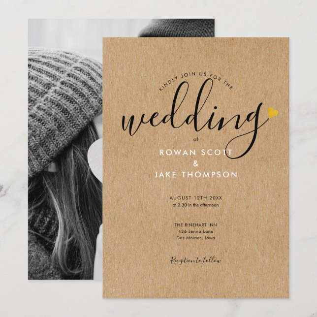 Invitation Chic Cœur Doré Kraft Rustique Mariage Photo (Devant / Derrière)
