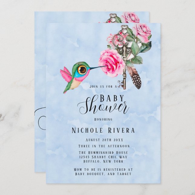 Invitation Chic Colibri Floral Key Baby Boy Douche (Devant / Derrière)