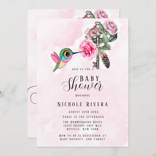 Invitation Chic Colibri Floral Key Baby Girl Douche (Devant / Derrière)