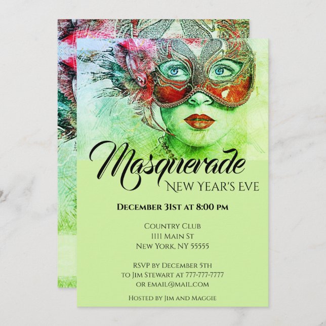 Invitation Chic Coloré Masquerade Party (Devant / Derrière)