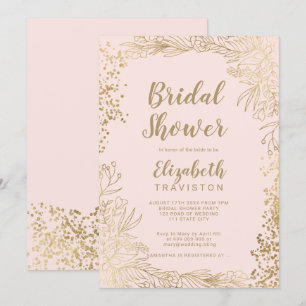 Invitation Chic confetti floral or rose pâle douche nuptiale
