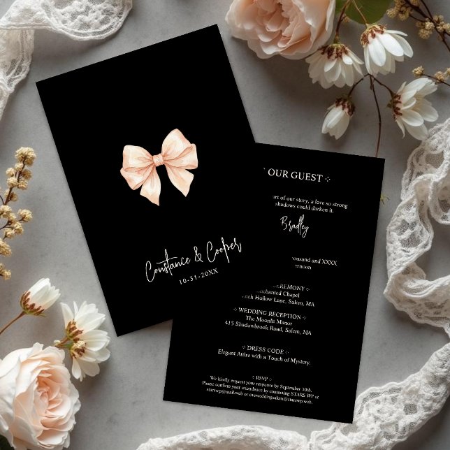 Invitation Chic Coquette Noir Rose Arc TLW26 (Chic Coquette Black and Blush Pink Watercolor Effect Bow Wedding Invitation.)