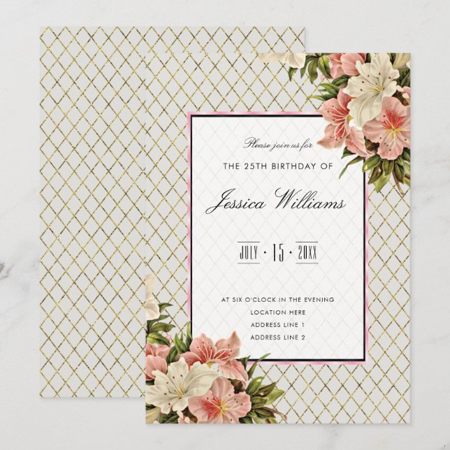 Invitation Chic Corner Lis & Diamants Dorés 25e Anniversaire (Devant / Derrière)