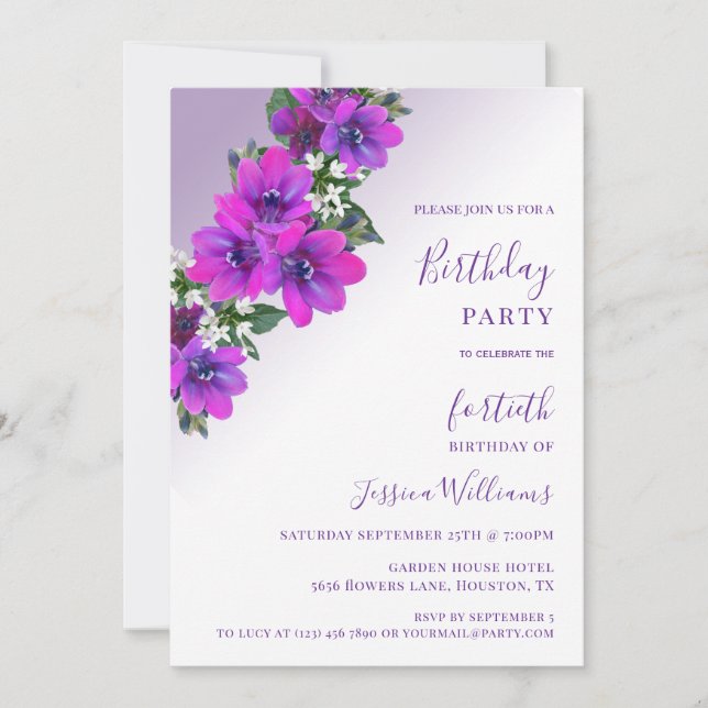 Invitation Chic Corner Purple Floral Décor Anniversaire (Devant)