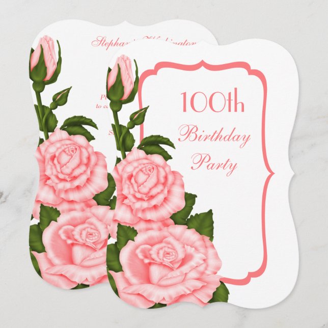 Invitation Chic Corner Roses Rouges 100e Anniversaire (Devant / Derrière)