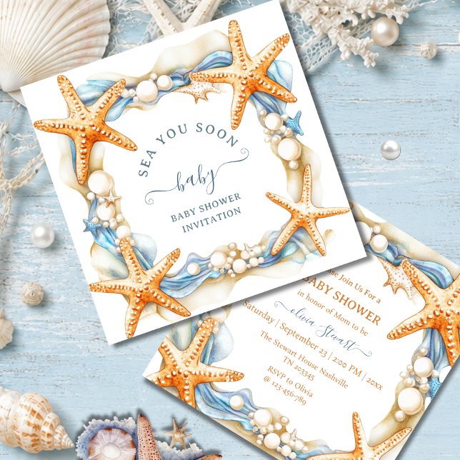 Invitation Chic côtier Bleu Mer Tu Bientôt Bébé (Créateur téléchargé)