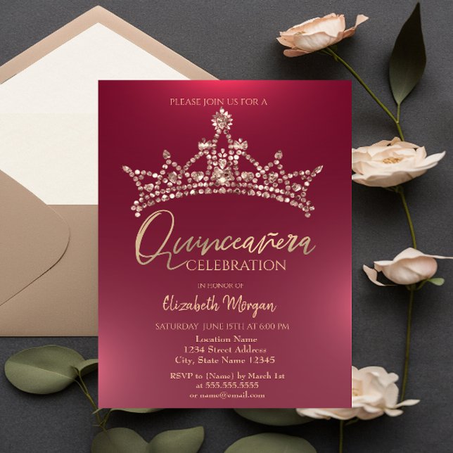 Invitation Chic Couronne Bourgogne Quinceañera (Créateur téléchargé)