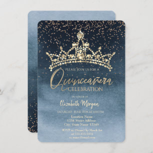 Invitation Chic Crown Confetti Marine Blue Quinceañera