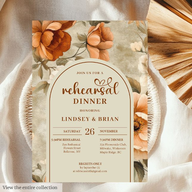 Invitation Chic Cuivré Beige Olive Floral Sans Temps Répétiti (Timeless Copper Beige Olive Floral Rehearsal Invitation)