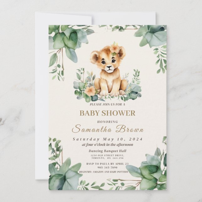 Invitation Chic Cute Lioness Cub & Greenery Girl Baby Shover (Devant)
