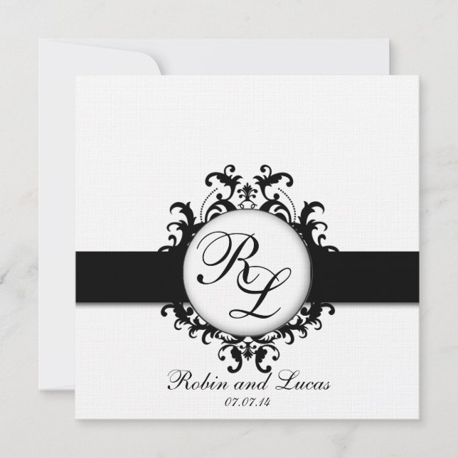 Invitation Chic Damask Monograms Mariage Invite Black White (Devant)
