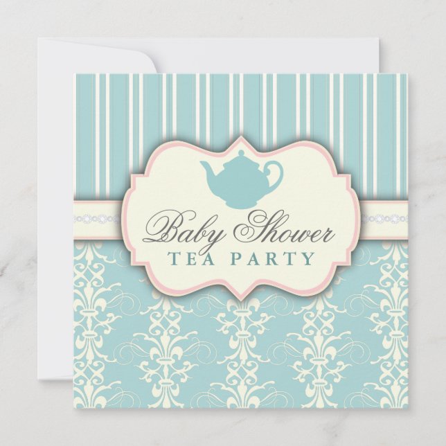 Invitation Chic Damask & Stripe Baby shower Tea In (Devant)