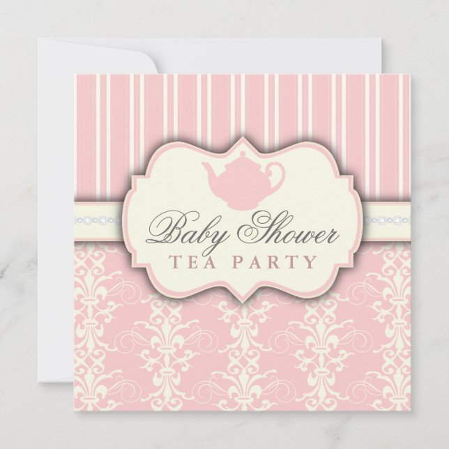 Invitation Chic Damask & Stripe Baby shower Tea In (Devant)