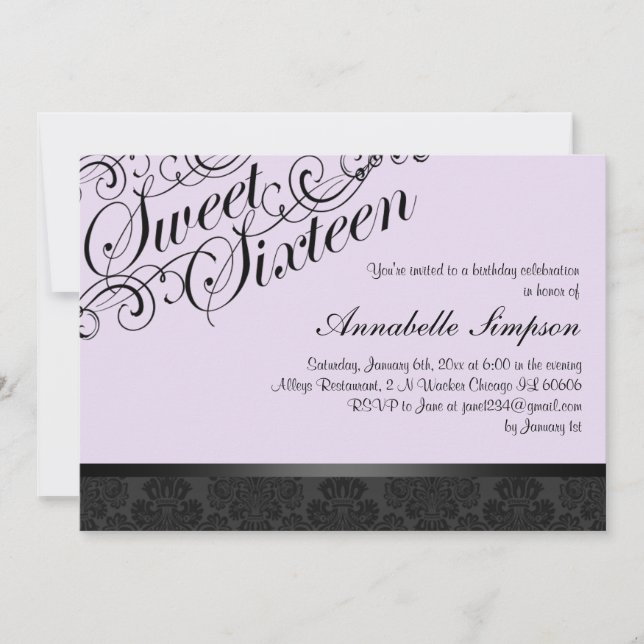 Invitation Chic Damask Violet & Noir pour Sweet16 (Devant)