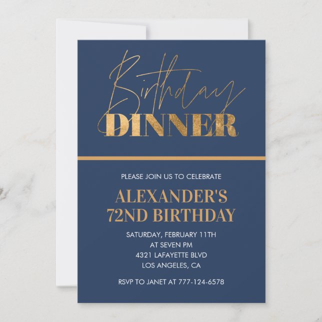 Invitation chic d'anniversaire 72 ans Dîner d'anni (Devant)
