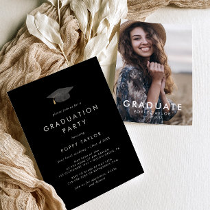 Invitation Chic Dark Black Grad Casquette Photo Graduation Pa