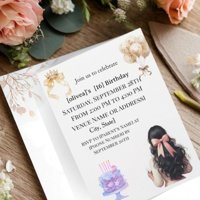 Invitation Chic Dark Hair Girl Sweet 16 Birthday Party Invita (Créateur téléchargé)