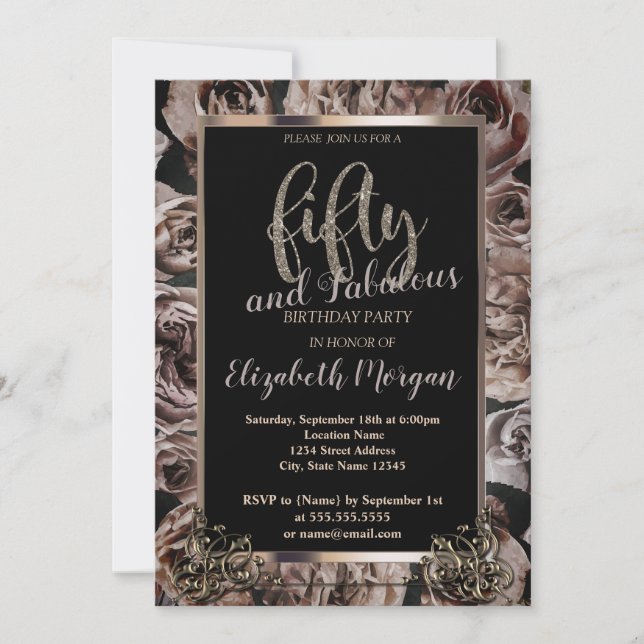 Invitation Chic Dark Rose Frame 50e fête d'anniversaire (Devant)