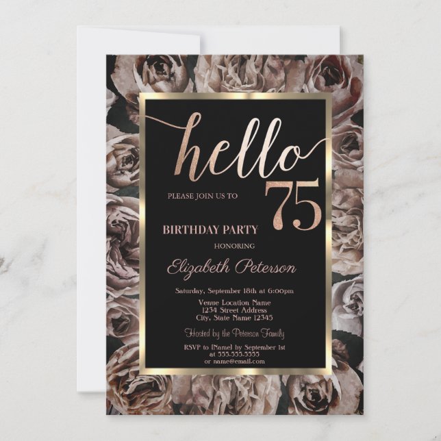 Invitation Chic Dark Rose Noir 75e fête d'anniversaire (Devant)