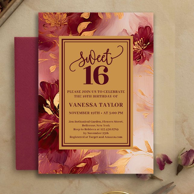 Invitation chic de 16 ans avec des roses de Bourgo (Chic Sweet Sixteen Burgundy Roses Gold Invitation)