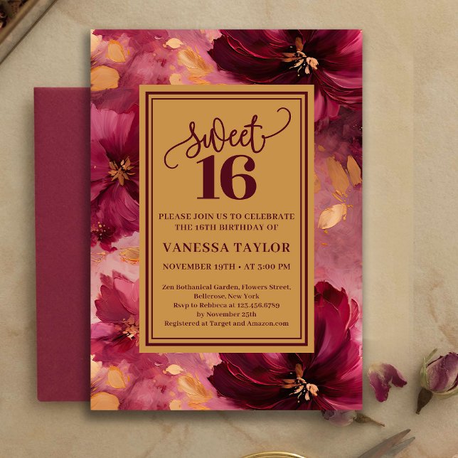 Invitation chic de 16e anniversaire bordeaux rose  (Chic 16th Birthday Burgundy Blush Gold Invitation)