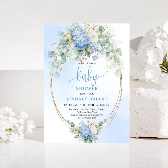 Invitation chic de Baby Shower Hydrangeas Bleues O (Chic Baby Shower Invitation Blue Hydrangeas Gold)