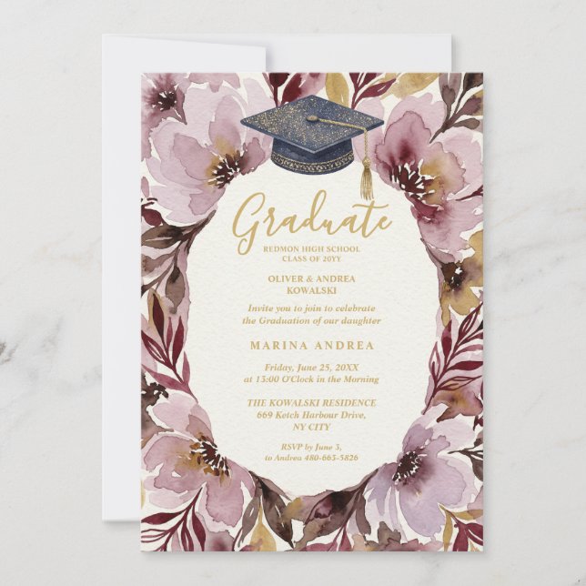 Invitation Chic Delicate Pink Floral Wreath Graduation Cap (Devant)