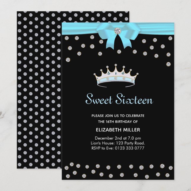 Invitation Chic diamant pailleté Sweet Sixteen sur fond noir (Devant / Derrière)