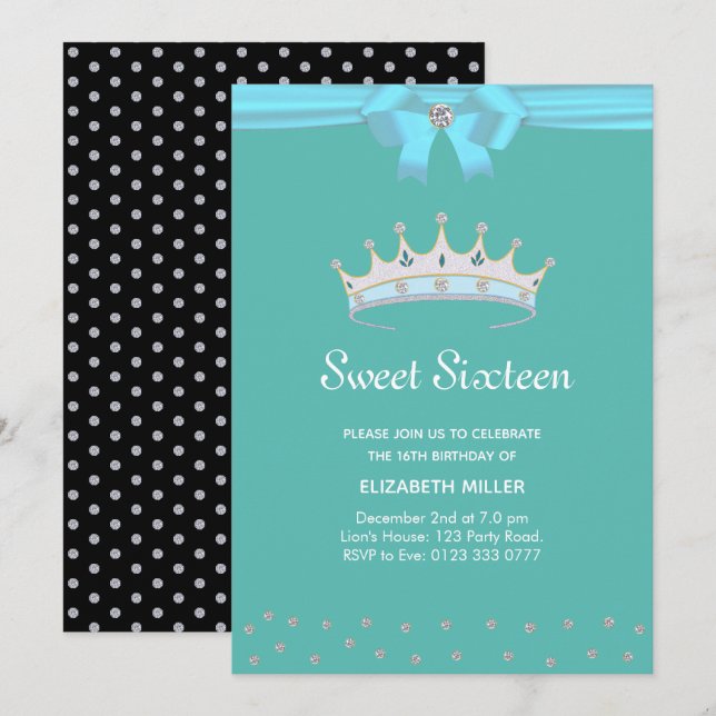 Invitation Chic Diamant Pailleté Sweet Sixteen sur Sarcelle (Devant / Derrière)