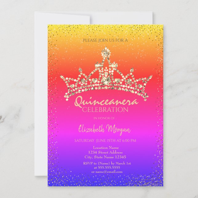 Invitation Chic Diamants Or Couronne Coloré Quinceañera (Devant)