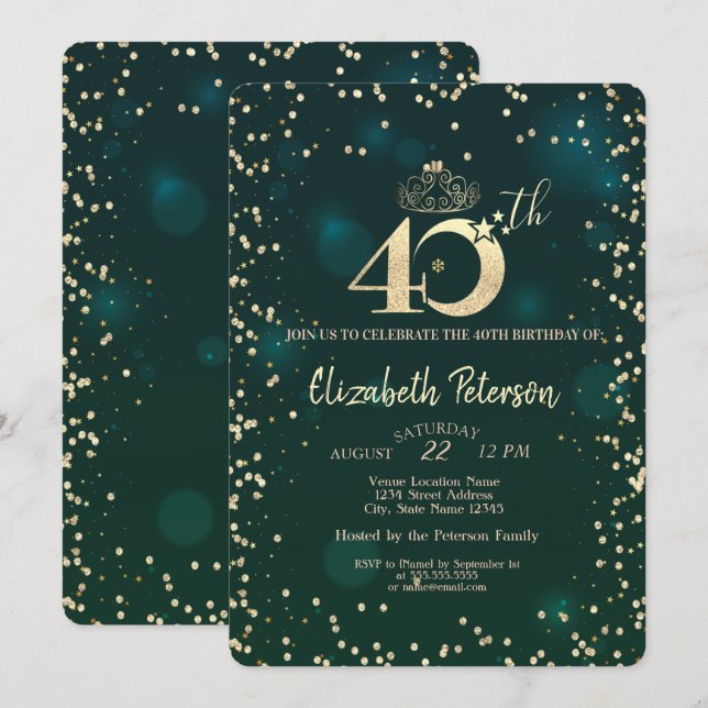 Invitation Chic Diamants Or Vert 40e Fête d'Anniversaire   (Devant / Derrière)