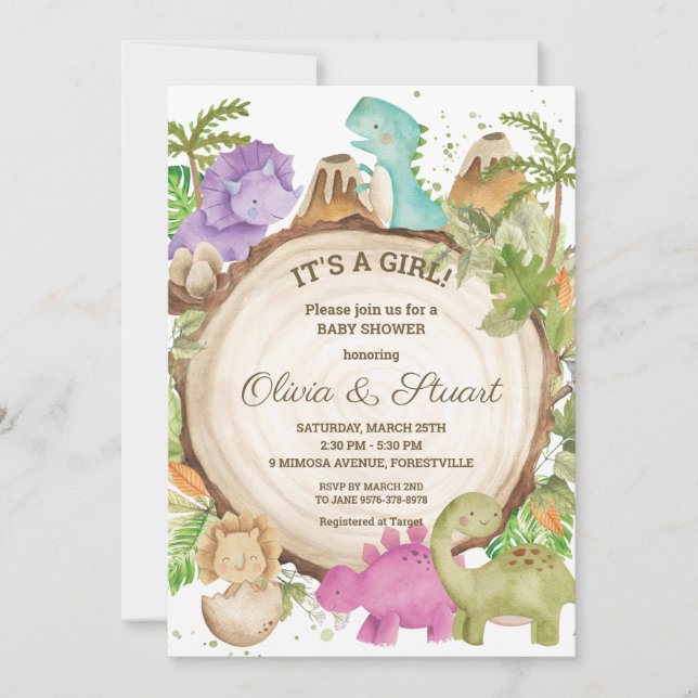Invitation Chic Dinosaures fille Baby shower vert Chevron (Devant)