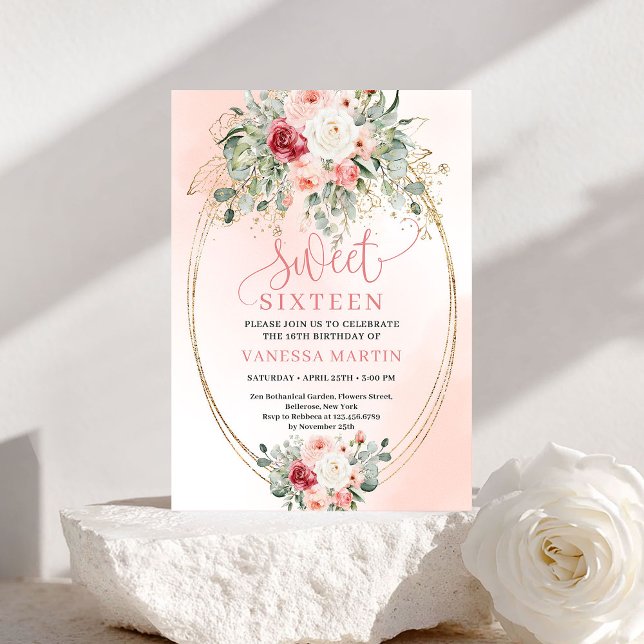 Invitation Chic Downloadable Blush Gold Floral Sweet Sixteen (Downloadable Blush Gold Floral Sweet Sixteen Invite)