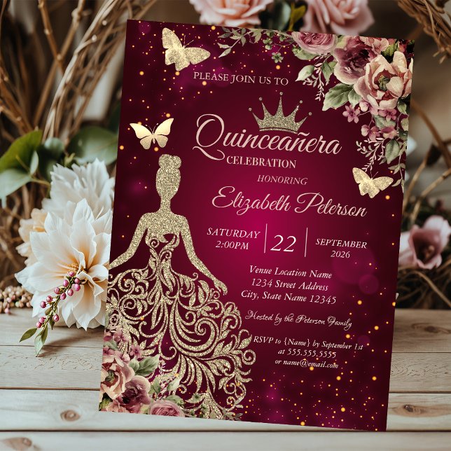 Invitation Chic Dress,Butterfly Floral Red Quinceañera (Créateur téléchargé)