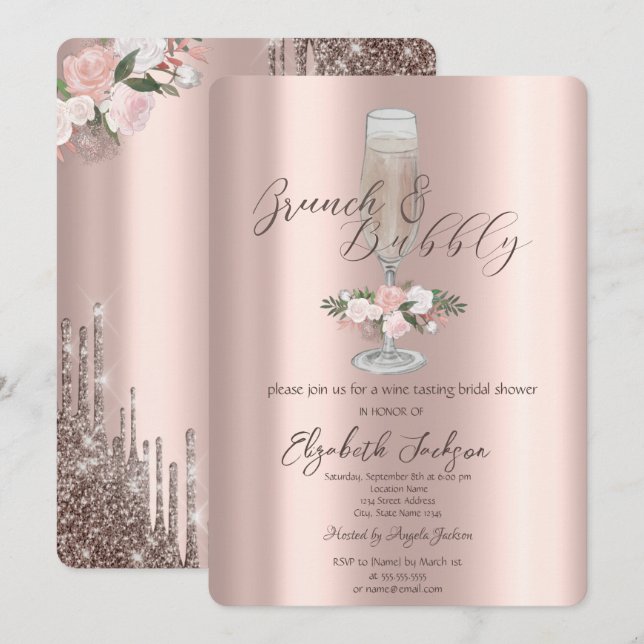 Invitation Chic Drips, Verre, Roses Brunch & Bulles (Devant / Derrière)