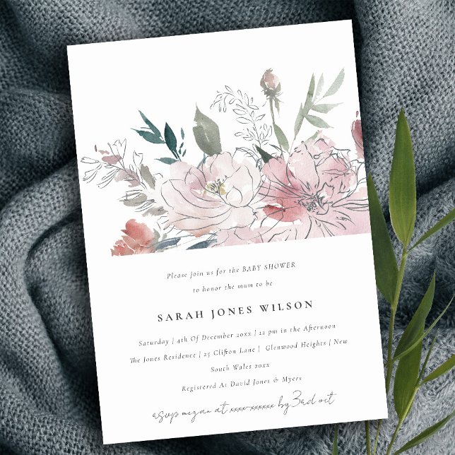 Invitation Chic Dusky Blush Aquarelle Baby shower Floral (Créateur téléchargé)